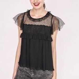 ZARA Basic Collection Black Lace Sheer Mesh Pleated Blouse Size S